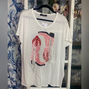 White and Pink Sequin Boot Graphic T-Shirt